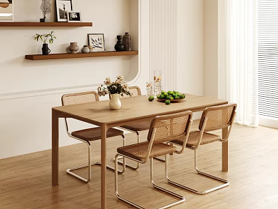 Cozy Modern Dining Set With Wooden Table Rattan Chairs Green Plants And Fruits 3d model