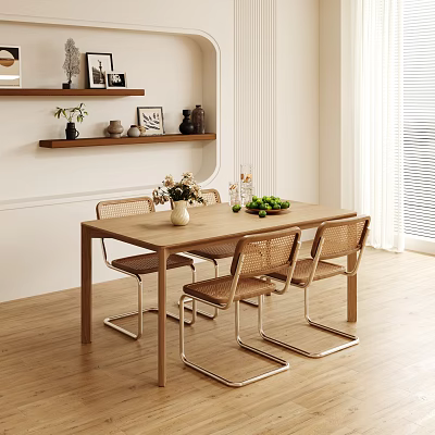 Cozy Modern Dining Set With Wooden Table Rattan Chairs Green Plants And Fruits 3d model