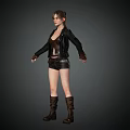 Woman Wearing Black Leather Jacket Brown Vest Black Shorts And Brown Boots With Arms Outstretched