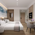 Modern Hotel Room With Twin Beds Wooden Flooring Mountain Landscape Art And Work Desk Setup