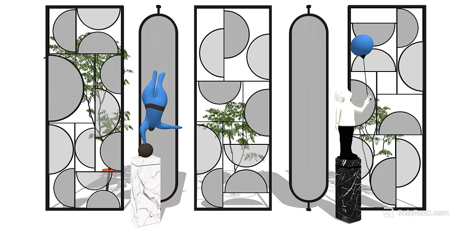 Modern Geometric Room Dividers With Circular Patterns Green Plants And Sculptures 3d model 