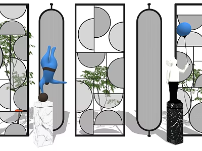 Modern Geometric Room Dividers With Circular Patterns Green Plants And Sculptures 3d model