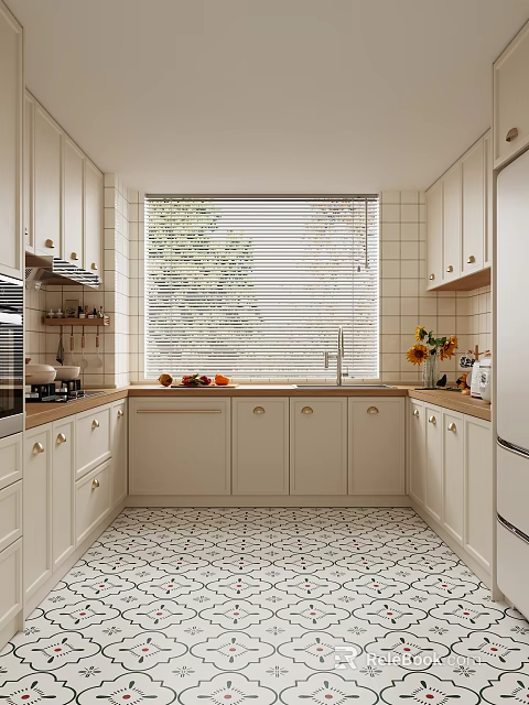 Bright Modern Kitchen With White Cabinets Window Blinds Green Plants Outside Countertop Fruits And Flowers 3d model 