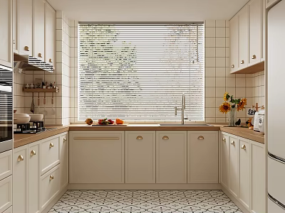 Bright Modern Kitchen With White Cabinets Window Blinds Green Plants Outside Countertop Fruits And Flowers 3d model