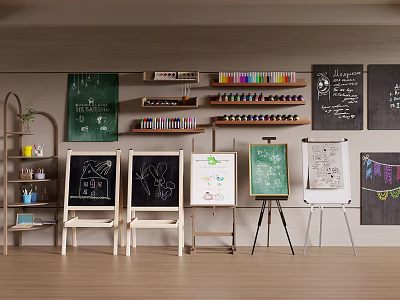 Art Studio With Easels Drawing Boards Brushes And Colorful Paint Tubes 3d model