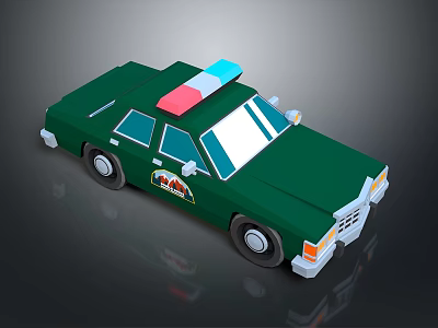 Green Police Car With Red And Blue Lights 3D Cartoon Style Design And Side Badge 3d model