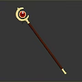 Magical Staff Weapon Featuring Red Long Handle Golden Decoration And Red Circular Top Part