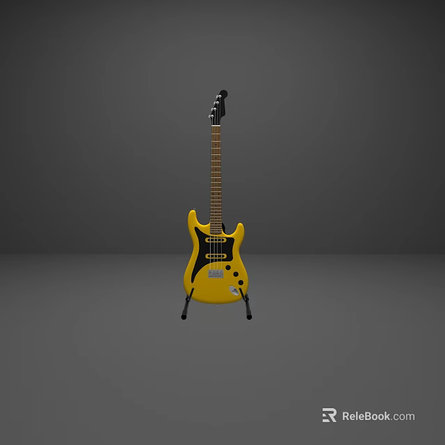 Yellow Electric Guitar on Black Stand with Gray Background Studio View 3d model 