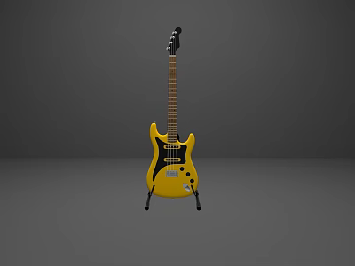Yellow Electric Guitar on Black Stand with Gray Background Studio View 3d model
