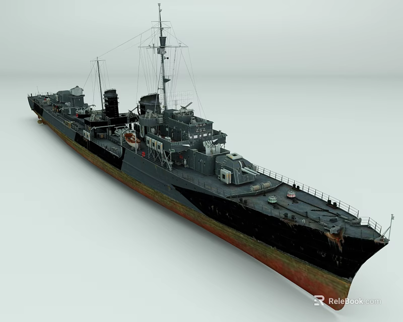 Vintage Warship 3D Model With Black And Rusted Hull Masts Turrets And Deck Structures 3d model 
