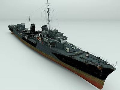 Vintage Warship 3D Model With Black And Rusted Hull Masts Turrets And Deck Structures 3d model