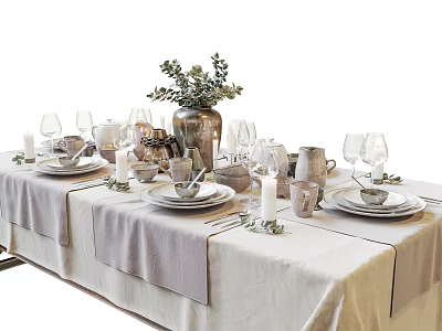 Elegant Dinnerware Set for Table Setting with Vase Candles and Wine Glasses 3d model