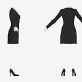 Black Double Breasted Dress with White Collar Cuffs Gold Buttons and Black High Heels