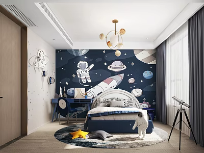 Space Themed Kids Room With Astronaut Rocket Planets Wallpaper Bed Chandelier And Telescope 3d model