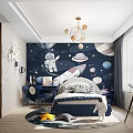 Space Themed Kids Room With Astronaut Rocket Planets Wallpaper Bed Chandelier And Telescope