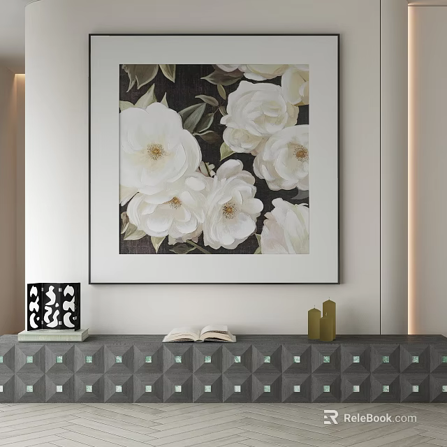Abstract Painting of White Roses Hanging on Wall with Decorative Cabinet and Golden Decor 3d model 