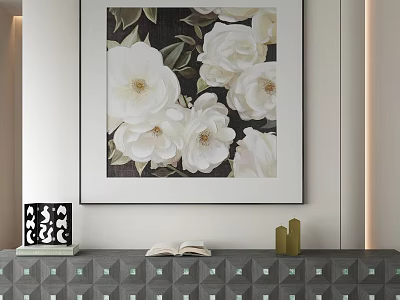 Abstract Painting of White Roses Hanging on Wall with Decorative Cabinet and Golden Decor 3d model