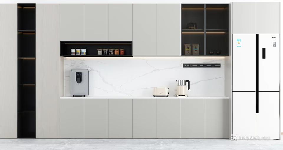 Modern Wine Cabinet Interior Design In Open Kitchen With Marble Countertop And Cabinets 3d model 