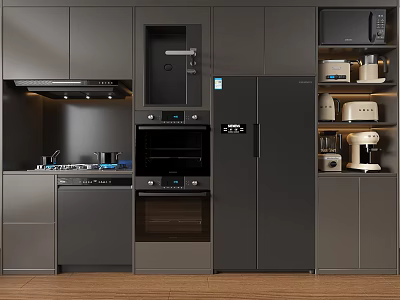 Modern Kitchen With Gray Cabinets And Built In Appliances Refrigerator Oven Stove Dishwasher Microwave 3d model