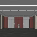 Modern Elevator Lobby With Red Panel Walls Gray Tiled Floor And Ceiling Lights 3d model