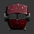 Red Mechanical Weapon Helmet With Two Black Circular Lenses White Splatters And Metal Base