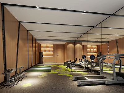 Modern Fitness Gym Interior With Wooden Walls Mirrors Lockers And Workout Equipment Including Treadmills Dumbbells 3d model