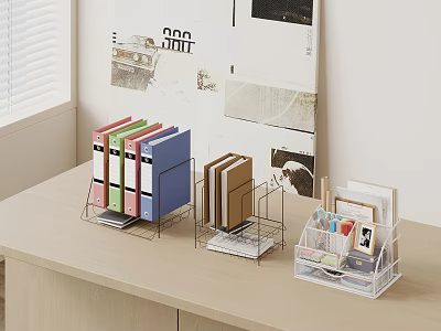 Colorful and Brown Folders in Metallic Holders on Organized Desk with Clear Stationery Storage 3d model