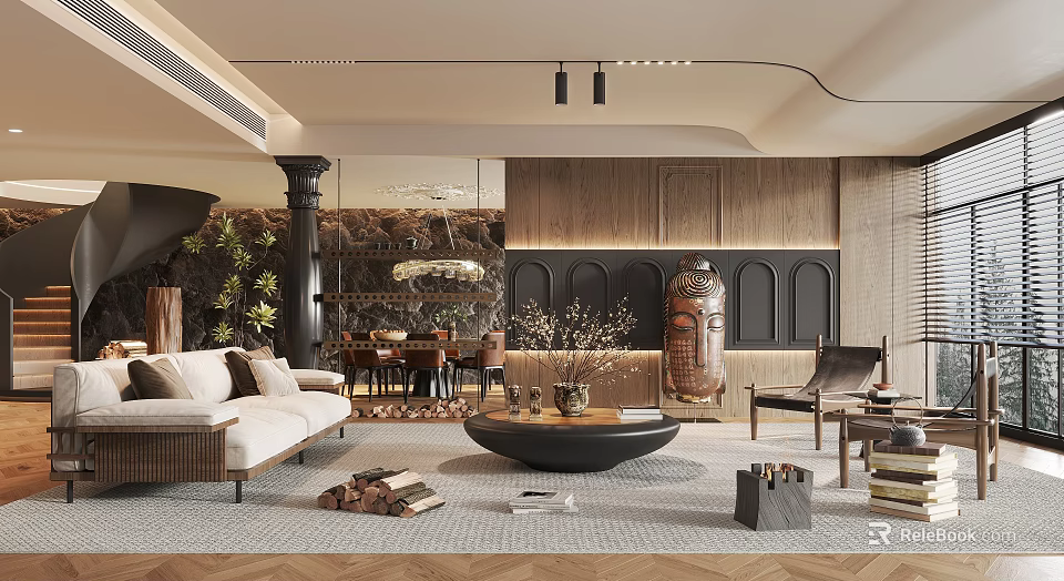 Modern Living Dining Room Interior With Sofa Coffee Table Dining Table Plants And Wooden Decor 3d model 
