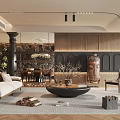 Modern Living Dining Room Interior With Sofa Coffee Table Dining Table Plants And Wooden Decor