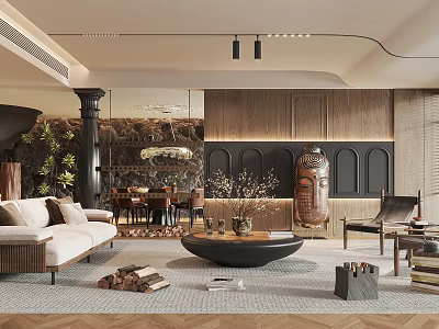 Modern Living Dining Room Interior With Sofa Coffee Table Dining Table Plants And Wooden Decor 3d model