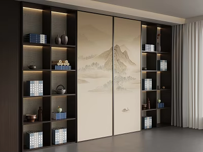 Dark Wooden Storage Cabinet Shelves With Layered Design Chinese Landscape Painting And Decorative Items 3d model
