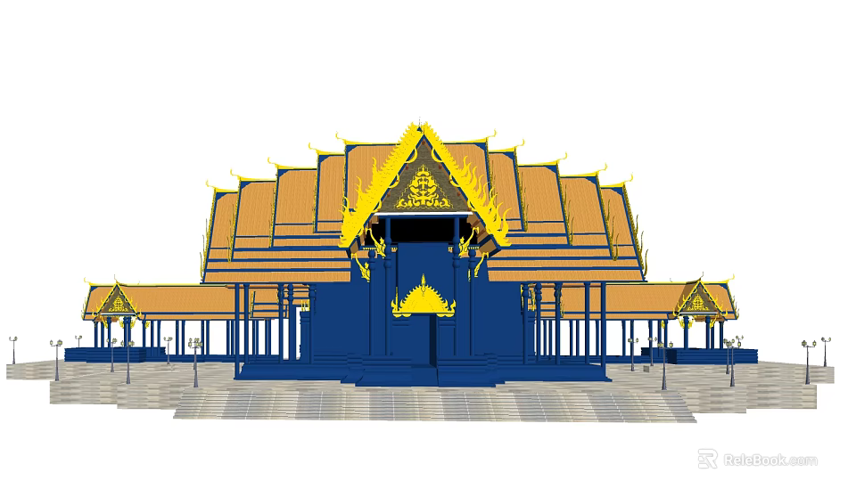 Traditional Thai Ancient Architecture With Multi Tiered Yellow Roof Golden Decorations And Blue Structure 3d model 