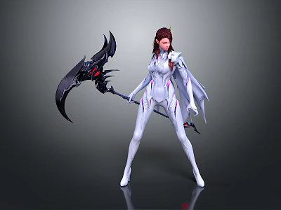 Female Character In White Tight Suit With Cloak Holding Black Scythe Red Eyes 3d model