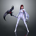 Female Character In White Tight Suit With Cloak Holding Black Scythe Red Eyes