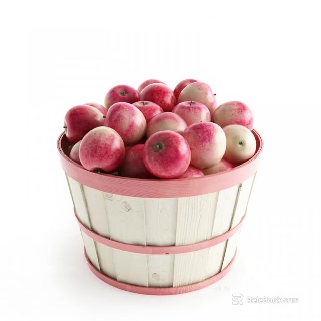 Full of Fresh Red Apples in White Wooden Bucket With Pink Stripes on White Background 3d model 