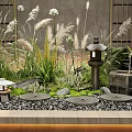 Traditional Japanese Garden With Bamboo Blinds Stone Lantern Moss And Water Feature
