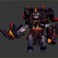Armored Demonic Game Movie Character With Flaming Weapons Horns Red Black Armor And Mythical Features