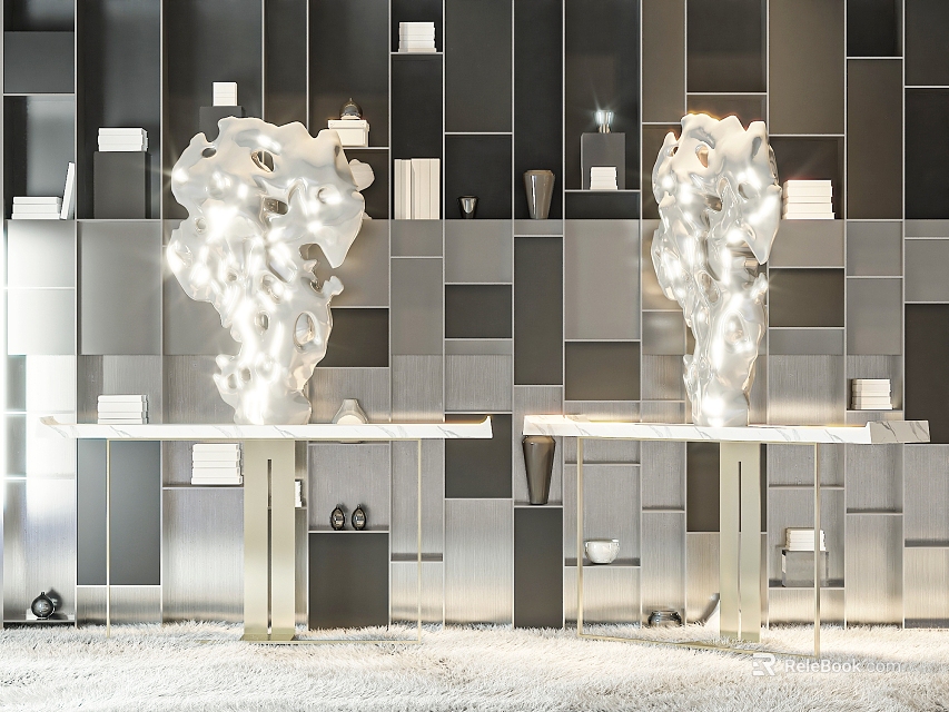 Modern Console Table With Artistic Sculptures Metal Frame And Geometric Wall Design 3d model 