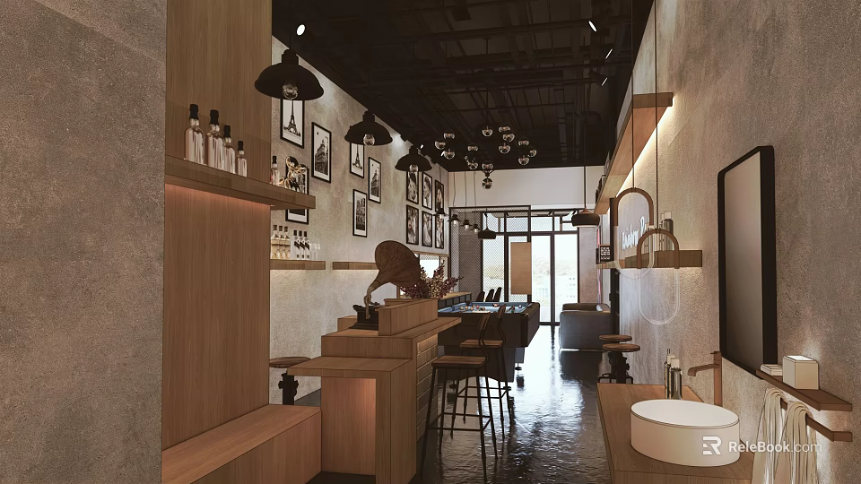 Modern Beauty Hair Salon Interior With Wooden Workstation Stools Product Shelves Hanging Lights And Mirrors 3d model 