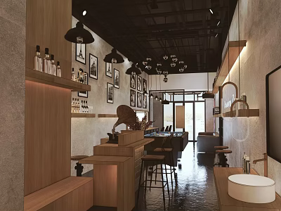 Modern Beauty Hair Salon Interior With Wooden Workstation Stools Product Shelves Hanging Lights And Mirrors 3d model