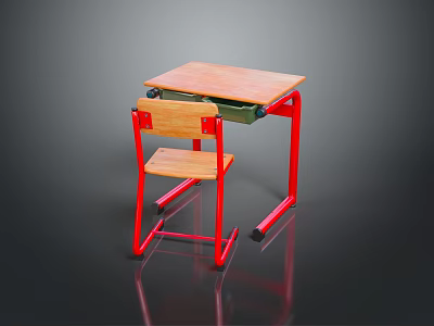 Simple Kids Desk with Wooden Tabletop Red Metal Legs and Matching Chair 3d model