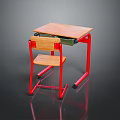 Simple Kids Desk with Wooden Tabletop Red Metal Legs and Matching Chair
