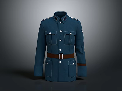 Blue Uniform Coat With Stand Collar Belt And Multiple Pockets Daily Clothing Essentials 3d model