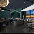 Modern Restaurant Interior With Chef At Bar Counter Green Walls Round Pendant Lights And Plants