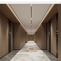 Hotel Corridor With Wooden Walls Elevator Doors Recessed Ceiling Lights And Golden Pattern Carpet