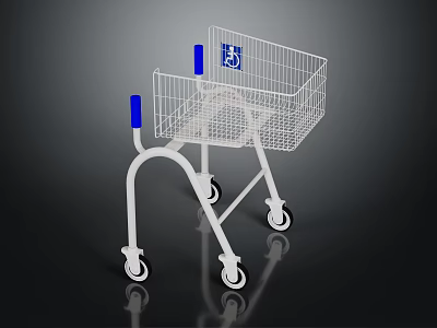 Accessible Shopping Cart With White Frame Blue Handles Metal Mesh Basket And Wheels 3d model