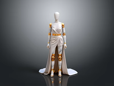 Character Wearing White Long Dress With Golden Shoulder Arm Leg Armor on Mannequin 3d model