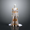 Character Wearing White Long Dress With Golden Shoulder Arm Leg Armor on Mannequin