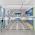 School Modern Classroom With Spacious Desks Chairs Digital Smartboard Windows And Blue Walls