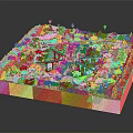 Cartoon Scene Miniature Green Landscape With Colorful Houses Paths And Pond On Yellow Base